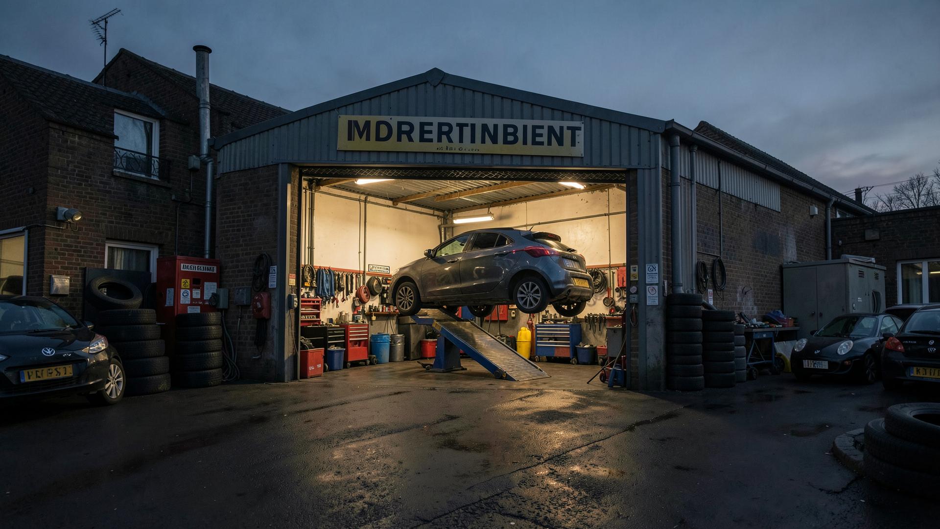 Car raised on a ramp inside the Mac's Autos workshop in Worksop